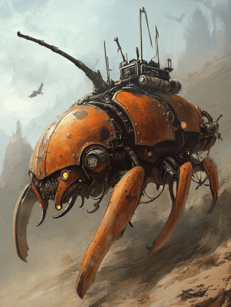 Gigantic Armored Insectoid Machine Traversing a Desert Landscape with Rotating Antennae and Heavy Duty Leg Mechanisms Under a Vast Cloudy Sky with Distant Flying Craft BIOPUNK DIGITAL PAINTING 18 x 24 Inch MineeForm Wall Art Poster