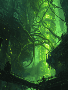 Towering Green Bioengineered Megastructure with Enveloping Tubular Vines and Silhouetted Figures Amidst an Urban Dystopian Setting BIOPUNK DIGITAL PAINTING 18 x 24 Inch MineeForm Wall Art Poster