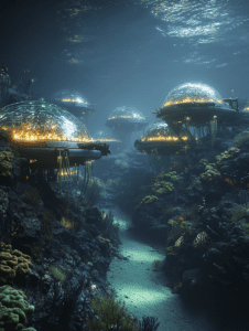 Illuminated Underwater Domed Habitats Nestled Among Rich Coral Reefs in a Deep Ocean Abyss BIOPUNK DIGITAL PAINTING 18 x 24 Inch MineeForm Wall Art Poster