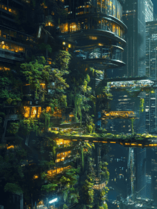 Lush Vertical Gardens and Illuminated Structures in a Futuristic Cityscape with Towering Skyscrapers and Dense Foliage Alive with Warm Lights and Reflective Surfaces Creating a Harmonious Blend of Nature and Technology BIOPUNK DIGITAL PAINTING 18 x 24 Inch MineeForm Wall Art Poster