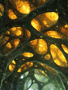 Luminous Organic Network with Vivid Yellow and Green Biostructures Illuminating an Intricate Canopy of Interconnected Cells and Glowing Veins BIOPUNK DIGITAL PAINTING 18 x 24 Inch MineeForm Wall Art Poster