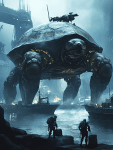 Colossal Mechanized Turtle Carrying Advanced Technology Overlooks Industrial Harbor with Travelers on Rocky Shore in Misty Atmosphere BIOPUNK DIGITAL PAINTING 18 x 24 Inch MineeForm Wall Art Poster