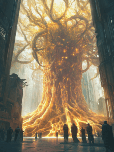 Majestic Biopunk Tree Illuminating the Futuristic Cityscape with Golden Luminescence and Silhouetted Figures Observing its Twisted Branches in Awe BIOPUNK DIGITAL PAINTING 18 x 24 Inch MineeForm Wall Art Poster