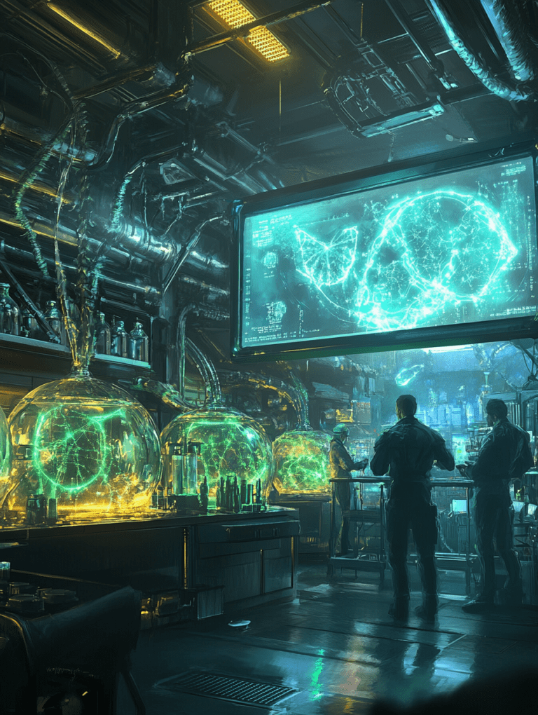 Futuristic Laboratory with Glowing Bioreactor Tanks and Scientists Analyzing Holographic Displays in a Neon Lit Industrial Setting BIOPUNK DIGITAL PAINTING 18 x 24 Inch MineeForm Wall Art Poster