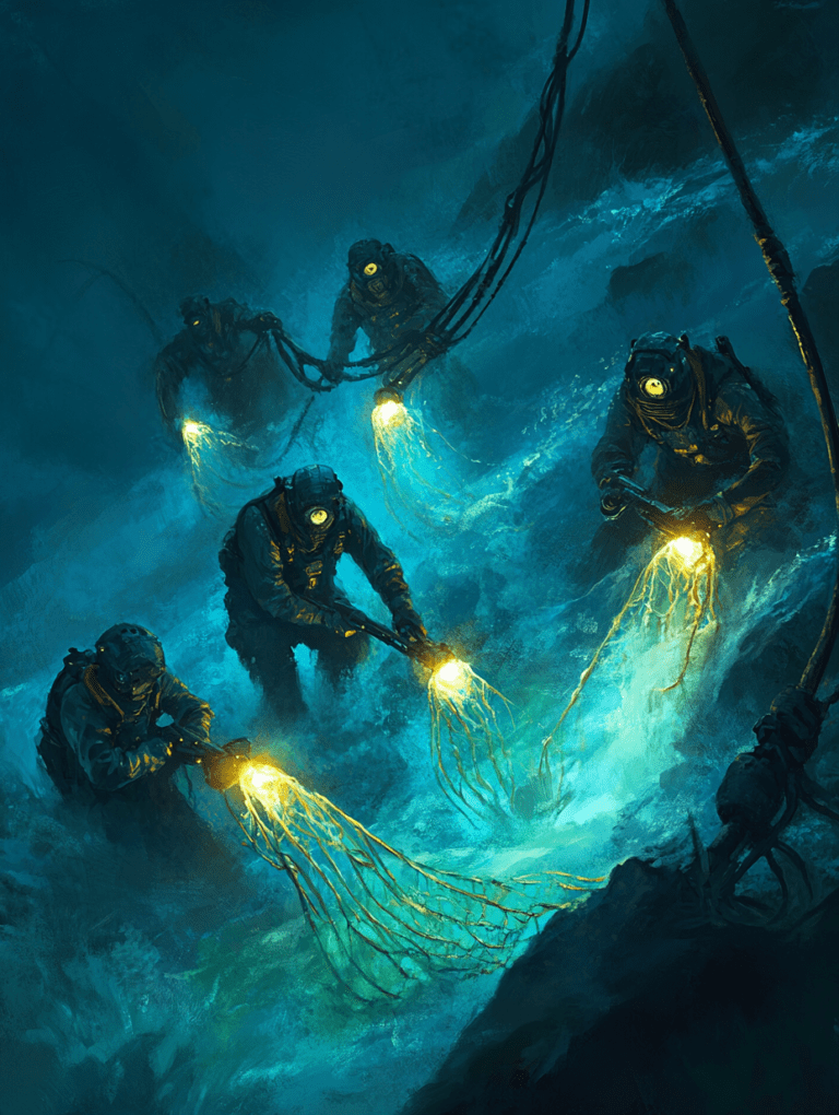 Underwater Explorers in Luminous Deep Blue Depths with Futuristic Diving Suits and Glowing Nets BIOPUNK DIGITAL PAINTING 18 x 24 Inch MineeForm Wall Art Poster