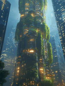 Verdant Skyscraper Illuminated with Organic Integration in a Futuristic Urban Landscape BIOPUNK DIGITAL PAINTING 18 x 24 Inch MineeForm Wall Art Poster