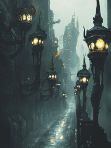 Futuristic Gothic Metropolis Alley with Sculpted Street Lamps Illuminating a Rain-Soaked Path in a Misty Industrial Cityscape BIOPUNK DIGITAL PAINTING 18 x 24 Inch MineeForm Wall Art Poster