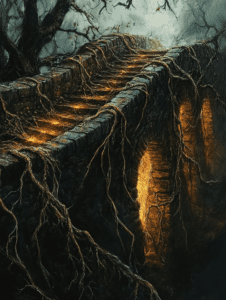 Ancient Stone Bridge Enveloped by Gnarled Roots and Golden Light in an Enchanted Forest Setting BIOPUNK DIGITAL PAINTING 18 x 24 Inch MineeForm Wall Art Poster