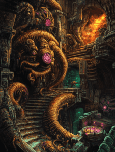 Intricate Underground Biomechanical Lair with Glowing Pink Cores and Winding Tentacles in a Dimly Lit Industrial Chamber BIOPUNK DIGITAL PAINTING 18 x 24 Inch MineeForm Wall Art Poster