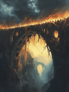 Fiery Ancient Bridge Overgrown with Vines Looming Over a Dark Misty Chasm Illuminated by a Mysterious Golden Glow Beneath Looming Stormy Skies BIOPUNK DIGITAL PAINTING 18 x 24 Inch MineeForm Wall Art Poster