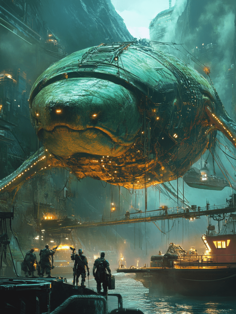 Colossal Biomechanical Creature Suspended in Urban Canyon as Armed Figures Observe Amidst Industrial Glow and Waterway Activity BIOPUNK DIGITAL PAINTING 18 x 24 Inch MineeForm Wall Art Poster