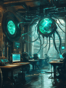 Cybernetic Observatory with Bio-Mechanical Tendrils and Helmeted Operators in Neon-Lit Workspace BIOPUNK DIGITAL PAINTING 18 x 24 Inch MineeForm Wall Art Poster