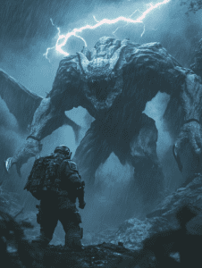 A Lone Soldier Faces a Colossal Beast Amidst a Torrential Downpour as Lightning Illuminates the Menacing Creature in a Misty Forest Ravine BIOPUNK DIGITAL PAINTING 18 x 24 Inch MineeForm Wall Art Poster