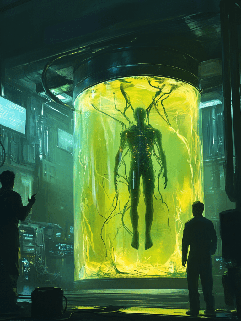 Illuminated Growth Chamber with Suspended Human Form and Observing Scientists in Futuristic Laboratory BIOPUNK DIGITAL PAINTING 18 x 24 Inch MineeForm Wall Art Poster