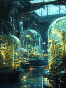 Lush Biodome Laboratory with Enclosed Ecosystems Illuminated in a Futuristic Industrial Facility BIOPUNK DIGITAL PAINTING 18 x 24 Inch MineeForm Wall Art Poster