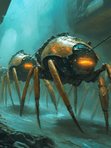 Colossal Mechanical Insects Traverse a Subterranean Waterway Illuminated by Bioluminescent Glow within a Shadowy Futuristic World BIOPUNK DIGITAL PAINTING 18 x 24 Inch MineeForm Wall Art Poster