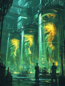 Towering Biopunk Laboratory with Neon Green Suspended Creatures in Glass Cylinders Surrounded by Futuristic Technology and Shadowed Scientists Observing Translucent Chambers BIOPUNK DIGITAL PAINTING 18 x 24 Inch MineeForm Wall Art Poster