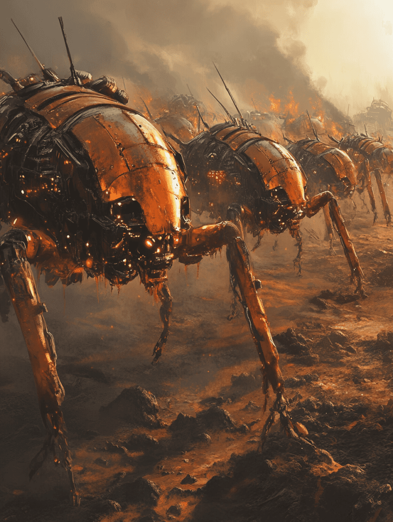 Formidable March of Titan Insectoid Machines in a Post-Apocalyptic Landscape with Fiery Skies and Smoldering Terrain BIOPUNK DIGITAL PAINTING 18 x 24 Inch MineeForm Wall Art Poster