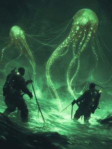 Two Adventurers Facing Enormous Glowing Jellyfish Creatures in a Surreal Bioluminescent Ocean Landscape with Dark Water and Mysterious Shadows BIOPUNK DIGITAL PAINTING 18 x 24 Inch MineeForm Wall Art Poster