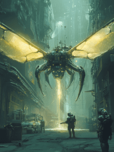 Colossal Biomechanical Insect Hovering in a Neon-Lit Alley Amidst Armor-Clad Explorers in a Futuristic Urban Landscape BIOPUNK DIGITAL PAINTING 18 x 24 Inch MineeForm Wall Art Poster