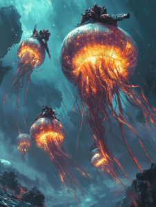 Gigantic Luminous Jellyfish Roaming the Depths of an Alien Ocean Carrying Mysterious Armored Figures Through Otherworldly Waters Amidst Surreal Underwater Landscapes BIOPUNK DIGITAL PAINTING 18 x 24 Inch MineeForm Wall Art Poster