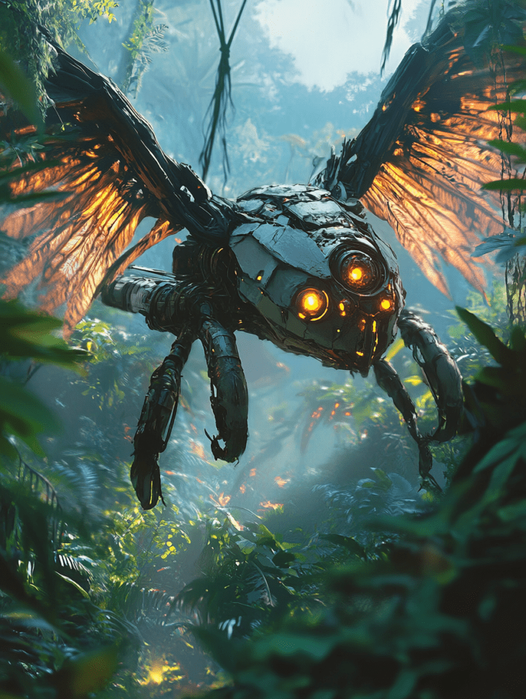 Majestic Mechanical Moth with Glowing Amber Eyes Soaring Through Lush Jungle Foliage Illuminated by Dappled Sunlight and Vibrant Verdant Canopy BIOPUNK DIGITAL PAINTING 18 x 24 Inch MineeForm Wall Art Poster