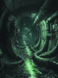 Glistening Green Sludge in an Eerie Industrial Tunnel with Complex Pipe System and Dim Overhead Lights BIOPUNK DIGITAL PAINTING 18 x 24 Inch MineeForm Wall Art Poster