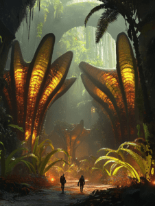 Explorers Walking Through a Lush Alien Jungle with Towering Luminous Structures and Dense Greenery in a Bioluminescent Cavernous Landscape BIOPUNK DIGITAL PAINTING 18 x 24 Inch MineeForm Wall Art Poster