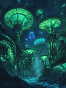 Spectacular Bioluminescent Fungal Forest With Towering Mushroom Canopies Illuminating a Mysterious Underground Landscape BIOPUNK DIGITAL PAINTING 18 x 24 Inch MineeForm Wall Art Poster