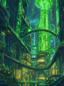 Futuristic Green Metropolis Illuminated by Neon Lights with Towering Structures and Interconnected Pathways at Night BIOPUNK DIGITAL PAINTING 18 x 24 Inch MineeForm Wall Art Poster