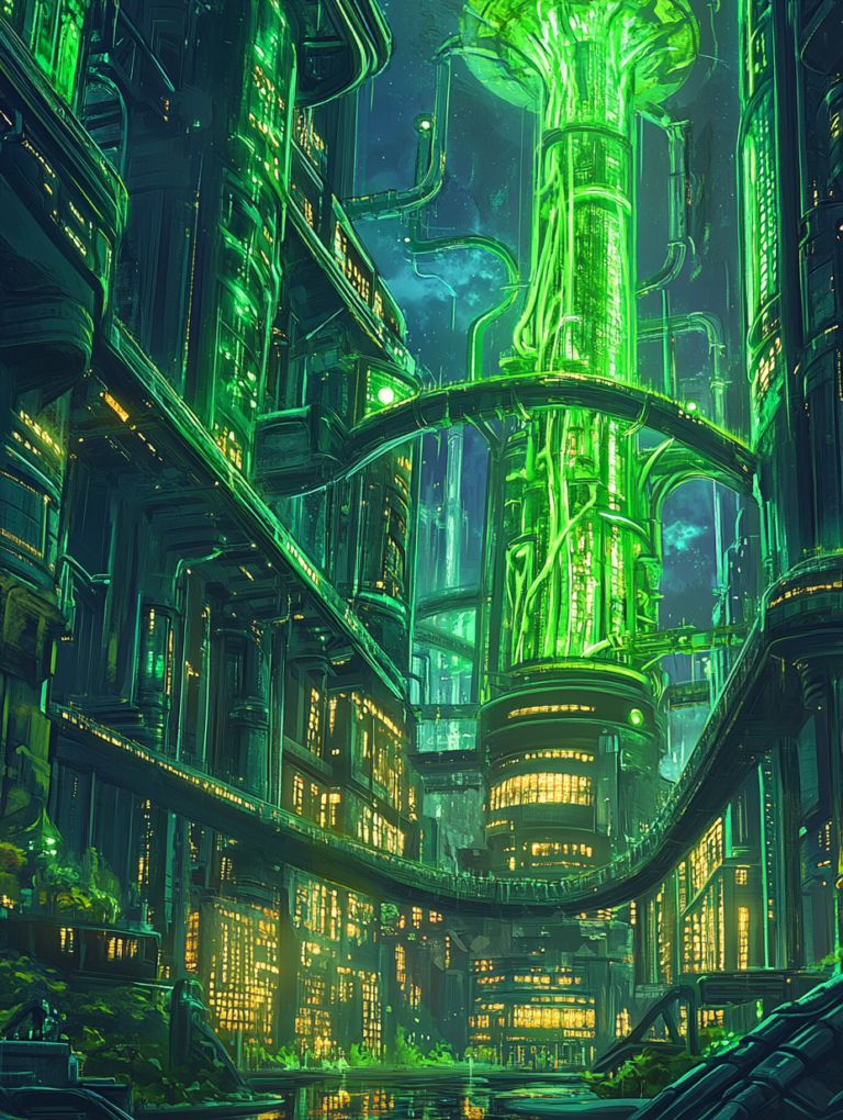 Futuristic Green Metropolis Illuminated by Neon Lights with Towering Structures and Interconnected Pathways at Night BIOPUNK DIGITAL PAINTING 18 x 24 Inch MineeForm Wall Art Poster