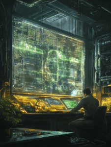 Man Engrossed in Futuristic Green and Yellow Hued Control Room in a Biopunk Setting Surrounded by Plants and Advanced Technology with a Huge Illuminated Digital Screen Displaying Complex Data and Network Graphics BIOPUNK DIGITAL PAINTING 18 x 24 Inch MineeForm Wall Art Poster