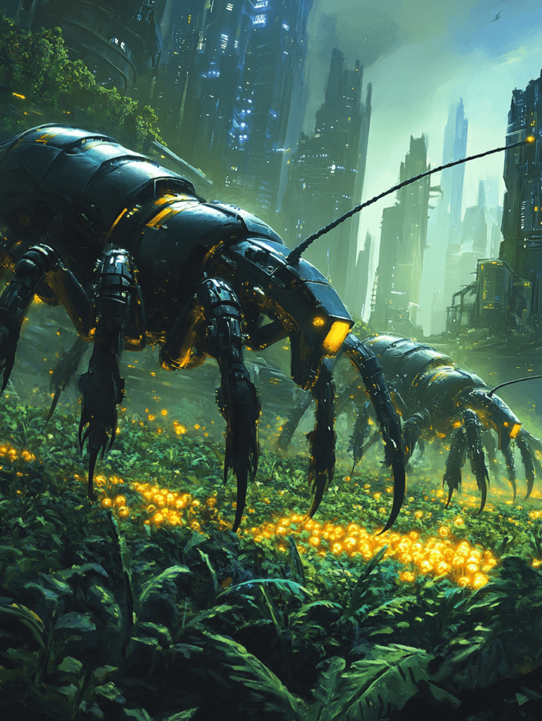 Towering Robotic Insects Amidst Neon Lit Metropolis with Lush Foreground of Luminescent Vegetation and Futuristic Architecture in the Background BIOPUNK DIGITAL PAINTING 18 x 24 Inch MineeForm Wall Art Poster