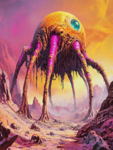 Colossal Alien Sphere with Tentacle-Like Legs Dominates Vibrant Desert Landscape Under a Surreal Multicolored Sky BIOPUNK DIGITAL PAINTING 18 x 24 Inch MineeForm Wall Art Poster