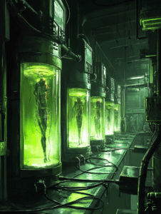 Mysterious Biopunk Laboratory With Glowing Green Tubes Containing Suspended Shadowy Humanlike Figures In A Dark Industrial Setting Full Of Complex Machinery And Looming Shadows BIOPUNK DIGITAL PAINTING 18 x 24 Inch MineeForm Wall Art Poster