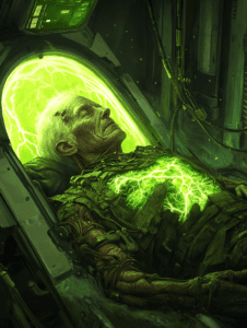 Elderly Cyborg in Luminescent Green Chamber with Futuristic Circuitry and Energy Pulse Chest BIOPUNK DIGITAL PAINTING 18 x 24 Inch MineeForm Wall Art Poster