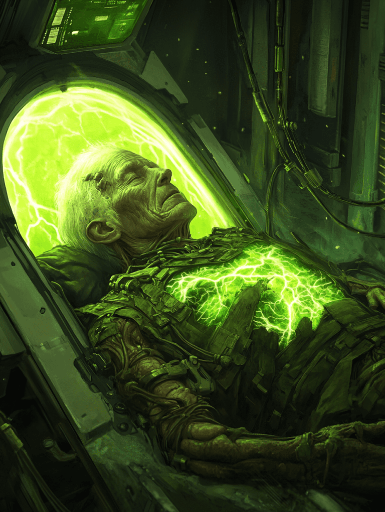 Elderly Cyborg in Luminescent Green Chamber with Futuristic Circuitry and Energy Pulse Chest BIOPUNK DIGITAL PAINTING 18 x 24 Inch MineeForm Wall Art Poster