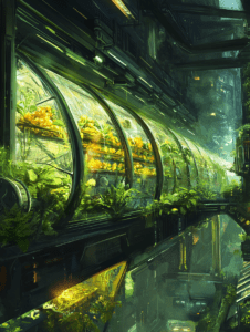 Verdant Biopunk Haven with Lush Greenhouse Tubes and Futuristic Urban Flora BIOPUNK DIGITAL PAINTING 18 x 24 Inch MineeForm Wall Art Poster