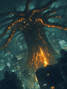 Towering Glowing Biomechanical Tree Illuminates a Futuristic Cityscape with Fiery Branches and Skyscrapers in the Night BIOPUNK DIGITAL PAINTING 18 x 24 Inch MineeForm Wall Art Poster