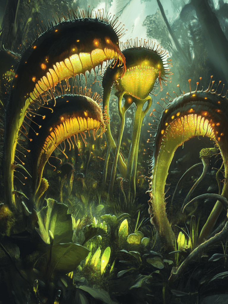 Mysterious Bioluminescent Plants with Intricate Patterns Glowing in a Dense and Enigmatic Forest Landscape BIOPUNK DIGITAL PAINTING 18 x 24 Inch MineeForm Wall Art Poster