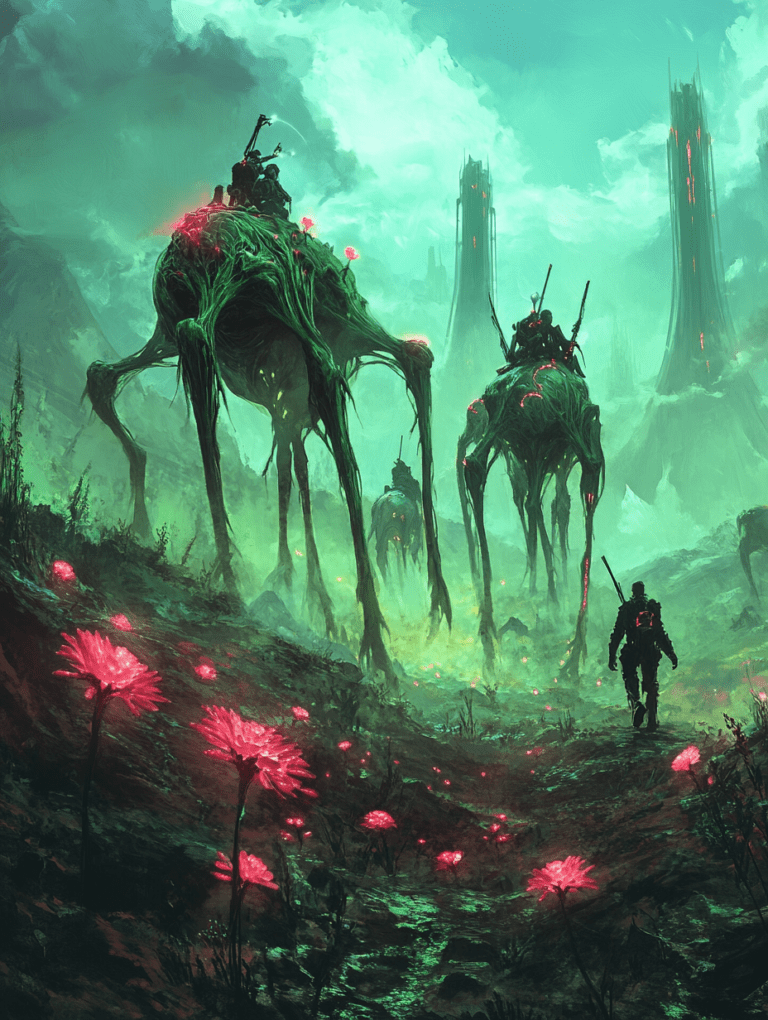 Journey Through the Luminous Alien Landscape with Biomechanical Riders Under a Green Sky and Towering Structures BIOPUNK DIGITAL PAINTING 18 x 24 Inch MineeForm Wall Art Poster