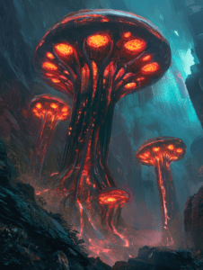 Towering Luminescent Fungi Emanating Fiery Glows in an Enigmatic Underground Chasm with Vibrant Blues and Lush Vegetation BIOPUNK DIGITAL PAINTING 18 x 24 Inch MineeForm Wall Art Poster