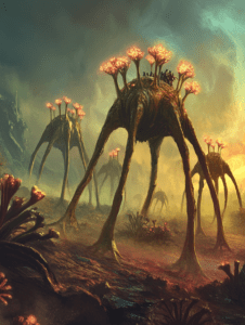 Giant Alien Flora with Bioluminescent Blooms Majestically Standing on Long Spindly Legs Amidst a Misty Pastoral Landscape BIOPUNK DIGITAL PAINTING 18 x 24 Inch MineeForm Wall Art Poster