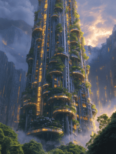 Towering Futuristic Skyscraper Enveloped in Lush Vegetation with Glowing Windows Against a Misty and Dramatic Skyline BIOPUNK DIGITAL PAINTING 18 x 24 Inch MineeForm Wall Art Poster