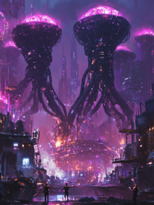 Luminous Biomechanical Skyscrapers Dominating a Vivid Neon Cityscape with Spectacular Alien Structures and Towering Jellyfish-like Silhouettes Illuminating the Skyline in a Futuristic Metropolis BIOPUNK DIGITAL PAINTING 18 x 24 Inch MineeForm Wall Art Poster