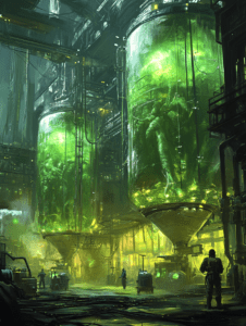 Towering Bioengineering Laboratory with Humanoid Figures Suspended in Glowing Green Liquid Amidst Industrial Machinery and Workers in Protective Gear BIOPUNK DIGITAL PAINTING 18 x 24 Inch MineeForm Wall Art Poster