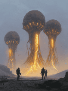 Mysterious Giant Bio-Structures in a Misty Alien Landscape with Explorers Approaching Glowing Organic Formations BIOPUNK DIGITAL PAINTING 18 x 24 Inch MineeForm Wall Art Poster