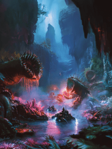 Expedition Through a Luminous Canyon of Gigantic Carnivorous Flora and Adventurers Navigating Bioluminescent Waters BIOPUNK DIGITAL PAINTING 18 x 24 Inch MineeForm Wall Art Poster