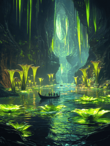 Journey Through the Luminous Underground River in a Bioluminescent Cavern Forest with Giant Glowing Flowers and Mysterious Boat Travelers BIOPUNK DIGITAL PAINTING 18 x 24 Inch MineeForm Wall Art Poster