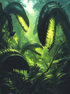 Verdant Alien Jungle with Massive Biomechanical Carnivorous Plants Looming Menacingly in a Misty Green Atmosphere BIOPUNK DIGITAL PAINTING 18 x 24 Inch MineeForm Wall Art Poster